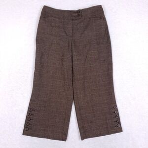 CABI Plaid Trousers 8 Cropped Wide Leg Brown Orange Academia Career Button Hem